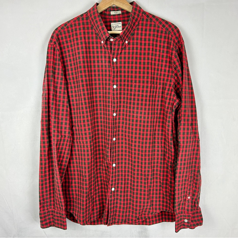 J CREW Plaid Cotton Shirting Button Down XL Slim‎ Fit Green Red